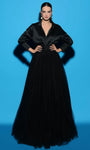 A-line V-neck Collared Ruched Belted Natural Waistline Long Sleeves Taffeta Evening Dress with a Brush/Sweep Train