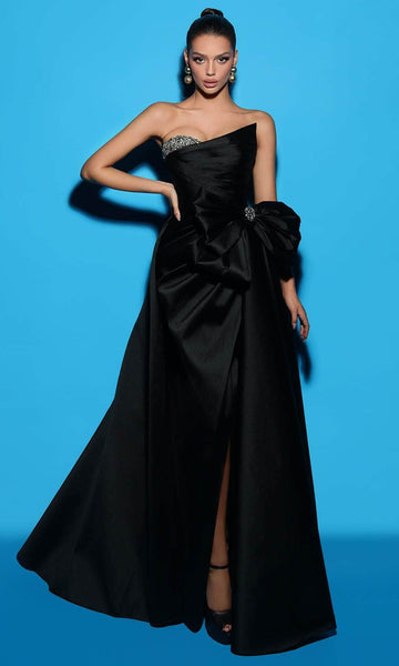 A-line Strapless Taffeta Natural Waistline Sheath Slit Wrap Beaded Asymmetric Pleated Hidden Back Zipper Sheath Dress/Evening Dress with a Brush/Sweep Train With a Bow(s)