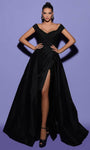 A-line Taffeta Basque Waistline Sheath Draped Wrap Slit Hidden Back Zipper Off the Shoulder Sheath Dress/Evening Dress with a Brush/Sweep Train