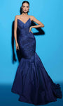 V-neck Strapless Taffeta Empire Waistline Mermaid Ruched Hidden Back Zipper Evening Dress with a Brush/Sweep Train With a Sash