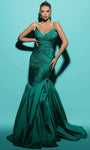 V-neck Strapless Taffeta Ruched Hidden Back Zipper Empire Waistline Mermaid Evening Dress with a Brush/Sweep Train With a Sash