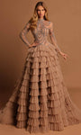 Sophisticated A-line Floor Length Tulle Beaded Tiered Back Zipper Keyhole Fitted Glittering Long Sleeves High-Neck Dress