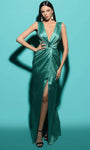 Sexy V-neck Natural Waistline Taffeta Sheath Sleeveless Slit Hidden Back Zipper Sheath Dress/Evening Dress with a Brush/Sweep Train