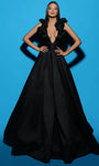 A-line V-neck Ruffle Trim Taffeta Empire Waistline Plunging Neck Wrap Slit Hidden Back Zipper Open-Back Evening Dress with a Court Train