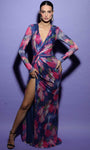 Sophisticated V-neck Pleated Slit Long Sleeves Sheath General Print Jersey Sheath Dress with a Brush/Sweep Train