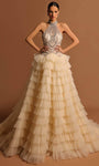 Glittering Illusion Beaded Tiered Zig Zag Print Tulle Halter Sleeveless Corset Natural Waistline Dress with a Brush/Sweep Train With Ruffles