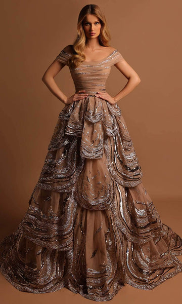 A-line Cap Sleeves Off the Shoulder Tulle General Print Tiered Ruched Open-Back Sequined Glittering Natural Waistline Evening Dress with a Brush/Sweep Train With Ruffles
