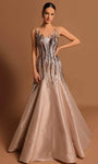 A-line Sequined V Back Illusion Open-Back Jeweled Back Zipper Sleeveless Satin Jeweled Neck Natural Waistline Evening Dress with a Brush/Sweep Train