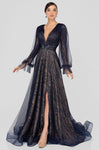 A-line V-neck Floor Length Plunging Neck Belted Sheer Wrap Back Zipper Long Sleeves Natural Waistline Prom Dress with a Brush/Sweep Train