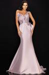 2011 Natural Waistline Applique Back Zipper Draped Beaded Asymmetric Open-Back Mermaid Cap Sleeves One Shoulder Floral Print Floor Length Evening Dress with a Brush/Sweep Train