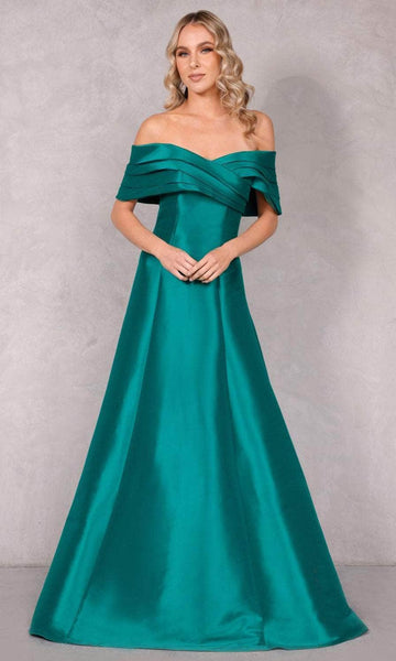 A-line Off the Shoulder Pleated Back Zipper Wrap Open-Back Natural Waistline Dress with a Brush/Sweep Train