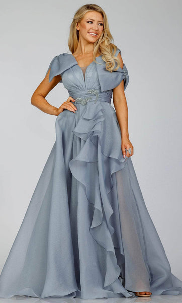 A-line V-neck Elasticized Empire Waistline Organza Ruched Back Zipper Slit Dress with a Brush/Sweep Train With a Bow(s)