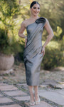 Tall Asymmetric Open-Back Fitted Jacquard Pleated Sheath Tea Length Natural Waistline Metallic Sleeveless Sheath Dress