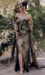 A-line Strapless Brocade Pleated Beaded Wrap Slit Sweetheart Natural Waistline Evening Dress with a Brush/Sweep Train