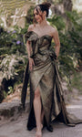 A-line Strapless Sweetheart Beaded Pleated Wrap Slit Brocade Natural Waistline Evening Dress with a Brush/Sweep Train