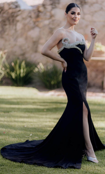 Sophisticated Strapless Crepe Natural Waistline Slit Beaded Fitted Mermaid Evening Dress with a Brush/Sweep Train