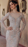 Sophisticated Back Zipper Goddess Beaded Illusion Embroidered Tulle Long Sleeves Natural Waistline Bateau Neck Plunging Neck Mermaid Evening Dress