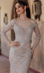 Sophisticated Tulle Long Sleeves Back Zipper Goddess Illusion Beaded Embroidered Natural Waistline Bateau Neck Plunging Neck Mermaid Evening Dress