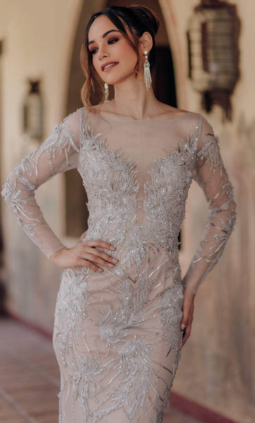Sophisticated Tulle Mermaid Natural Waistline Bateau Neck Plunging Neck Goddess Illusion Beaded Back Zipper Embroidered Long Sleeves Evening Dress