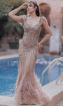 Sophisticated V-neck Mermaid Sleeveless Back Zipper Beaded Natural Waistline Tulle Evening Dress