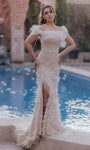 Tulle Natural Waistline Off the Shoulder Slit Sheath Sheath Dress/Evening Dress with a Brush/Sweep Train With Rhinestones