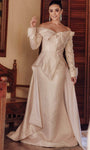 Sophisticated A-line Jacquard Floor Length Long Sleeves Off the Shoulder Natural Waistline Evening Dress