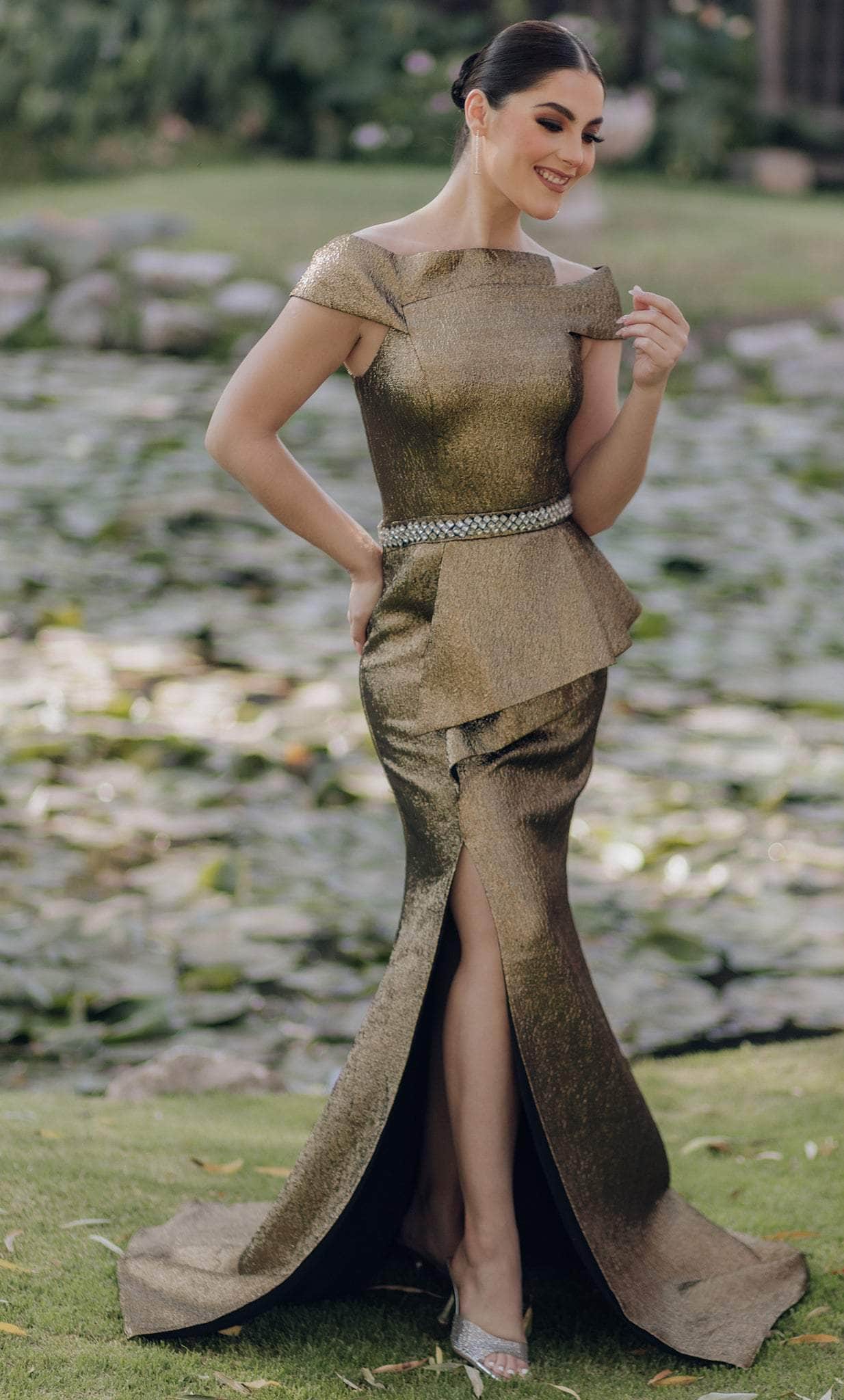 Terani Couture 232M1555 - Off-Shoulder Rhinestone Beaded Belt Evening Dress
