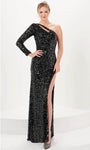 Sophisticated Slit Cutout Sequined Hidden Back Zipper Asymmetric Sheath Natural Waistline Long Sleeves One Shoulder Sheath Dress/Evening Dress with a Brush/Sweep Train