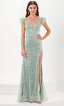 Sophisticated V-neck Sheath Plunging Neck Natural Waistline Open-Back Sequined Slit Hidden Back Zipper Illusion Sheath Dress/Evening Dress with a Brush/Sweep Train