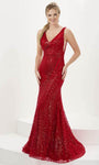 V-neck Mermaid Sleeveless V Back Illusion Mesh Sequined Hidden Back Zipper Natural Waistline Evening Dress with a Brush/Sweep Train