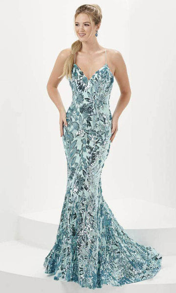 V-neck Floral Print Open-Back Sequined Backless Mesh Back Zipper Natural Waistline Sleeveless Spaghetti Strap Mermaid Evening Dress with a Brush/Sweep Train