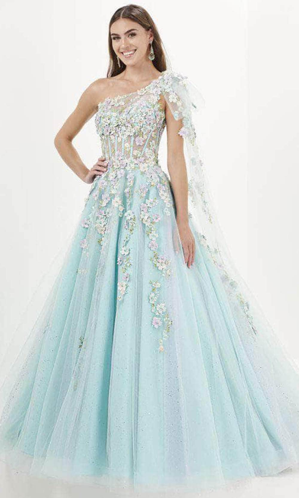 Tiffany Designs 16079 - Floral Appliqued Asymmetric Evening Gown
