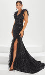 Sexy V-neck Sheath Natural Waistline Open-Back Back Zipper Sequined Slit Floor Length Off the Shoulder Sheath Dress/Evening Dress/Prom Dress with a Brush/Sweep Train