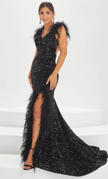 Sexy V-neck Floor Length Sheath Off the Shoulder Open-Back Sequined Back Zipper Slit Natural Waistline Sheath Dress/Evening Dress/Prom Dress with a Brush/Sweep Train