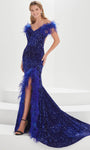 Sexy V-neck Off the Shoulder Natural Waistline Floor Length Sheath Sequined Open-Back Back Zipper Slit Sheath Dress/Evening Dress/Prom Dress with a Brush/Sweep Train