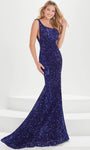 Velvet One Shoulder Sequined Glittering Fitted Illusion Back Zipper Open-Back Floor Length Natural Waistline Mermaid Square Neck Evening Dress/Prom Dress with a Brush/Sweep Train