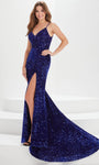 Sophisticated V-neck Sleeveless Spaghetti Strap Sheath Velvet Natural Waistline Sequined Back Zipper Slit Sheath Dress/Prom Dress with a Brush/Sweep Train