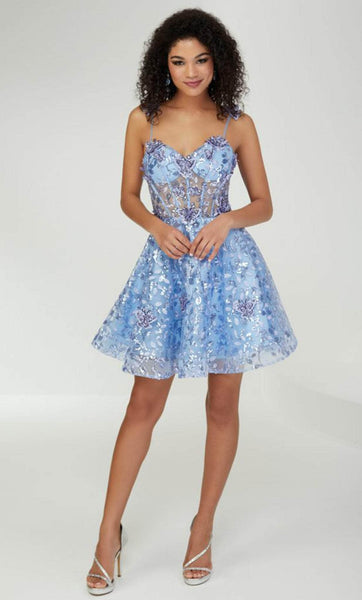 A-line Spaghetti Strap Short Applique Sheer Sequined Corset Natural Waistline Sweetheart Homecoming Dress