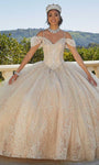 V-neck Tulle General Print Full-Skirt Lace-Up Glittering Crystal Beaded Natural Waistline Cold Shoulder Sleeves Off the Shoulder Ball Gown Dress With a Bow(s) and Rhinestones