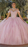 V-neck Natural Waistline Full-Skirt Tulle Beaded Lace-Up Glittering Crystal Cold Shoulder Sleeves Off the Shoulder General Print Ball Gown Dress With a Bow(s) and Rhinestones