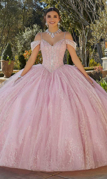 V-neck Full-Skirt General Print Tulle Natural Waistline Beaded Crystal Lace-Up Glittering Cold Shoulder Sleeves Off the Shoulder Ball Gown Dress With a Bow(s) and Rhinestones