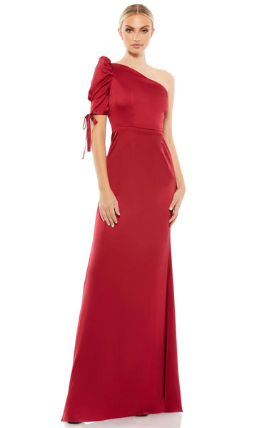 Sophisticated A-line Natural Waistline Satin Asymmetric Back Zipper Fitted Ruched Puff Sleeves Sleeves One Shoulder Sheath Floor Length Sheath Dress/Evening Dress With a Bow(s)