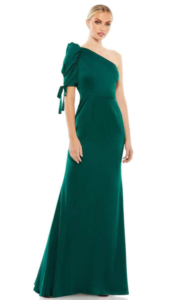 Sophisticated A-line Sheath Puff Sleeves Sleeves One Shoulder Fitted Asymmetric Back Zipper Ruched Floor Length Natural Waistline Satin Sheath Dress/Evening Dress With a Bow(s)