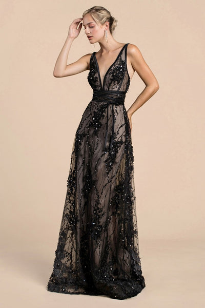 A-line V-neck Plunging Neck Fitted Applique Sheer Illusion Beaded Crystal Tiered Back Zipper Natural Waistline Lace Evening Dress