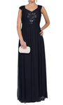 Sophisticated A-line V-neck Jeweled Mesh Ruched Beaded Pleated Jersey Cap Sleeves Basque Waistline Floor Length Dress