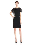 Modest Jeweled Ribbed Cutout Illusion Pleated Sheer Natural Waistline Above the Knee Sheath Floral Print Short Sleeves Sleeves Sheath Dress/Little Black Dress