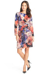 Short Gathered Back Zipper Floral Print Long Sleeves Natural Waistline Jeweled Neck Sheath Sheath Dress