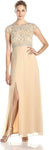 Sophisticated Cap Sleeves Chiffon Bateau Neck Sheath Cutout Slit Beaded Sheer Natural Waistline Floor Length Sheath Dress With Pearls