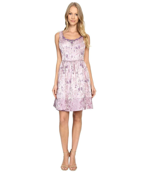 Tall A-line Fit-and-Flare Fitted Gathered Pocketed Jacquard Back Zipper Cocktail Above the Knee Scoop Neck Natural Waistline Floral Print Sleeveless Dress With Rhinestones