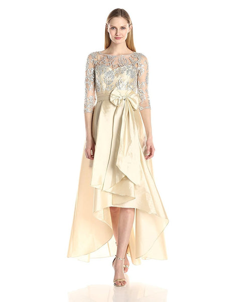 Natural Waistline High-Low-Hem Floral Print Back Zipper Illusion Keyhole Sheer Sequined Pleated Cutout Bateau Neck Sweetheart Dress With a Ribbon